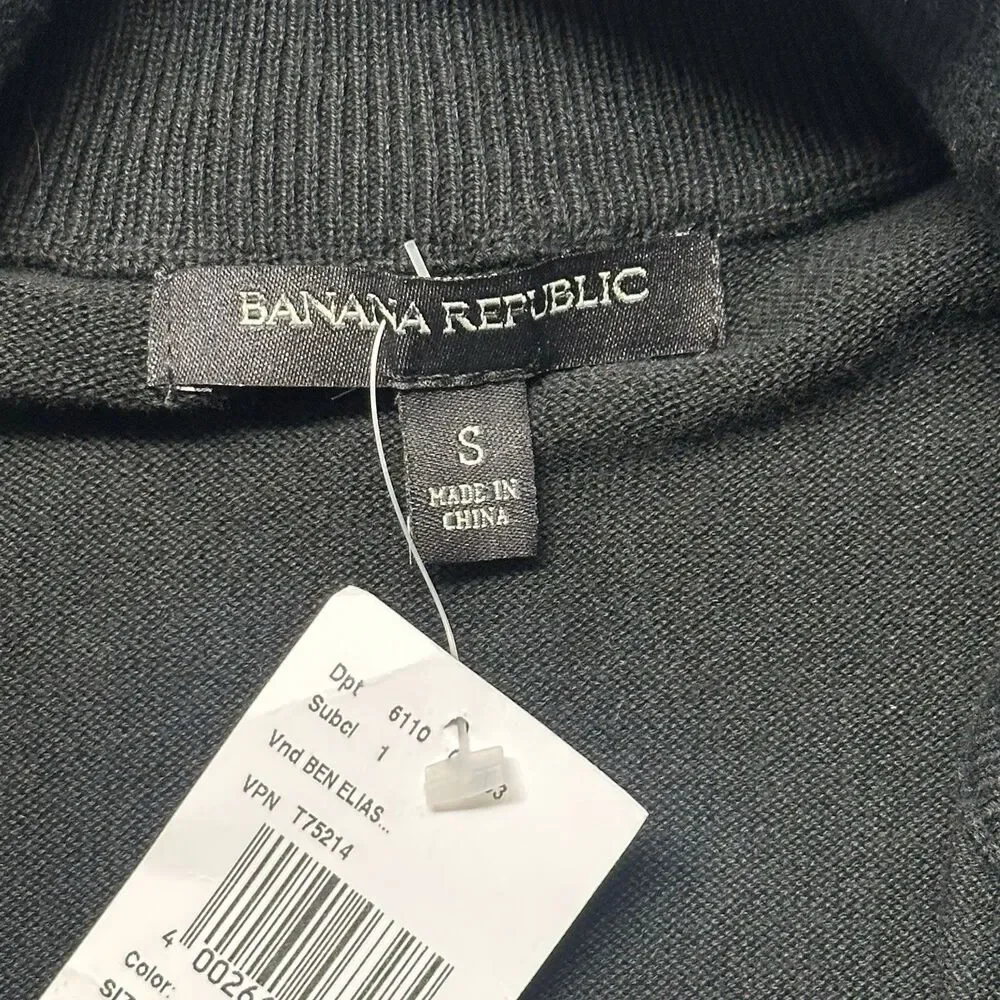 Banana Republic Mens Small Quarter Zip Sweater Black Cotton Chest Pocket NWT